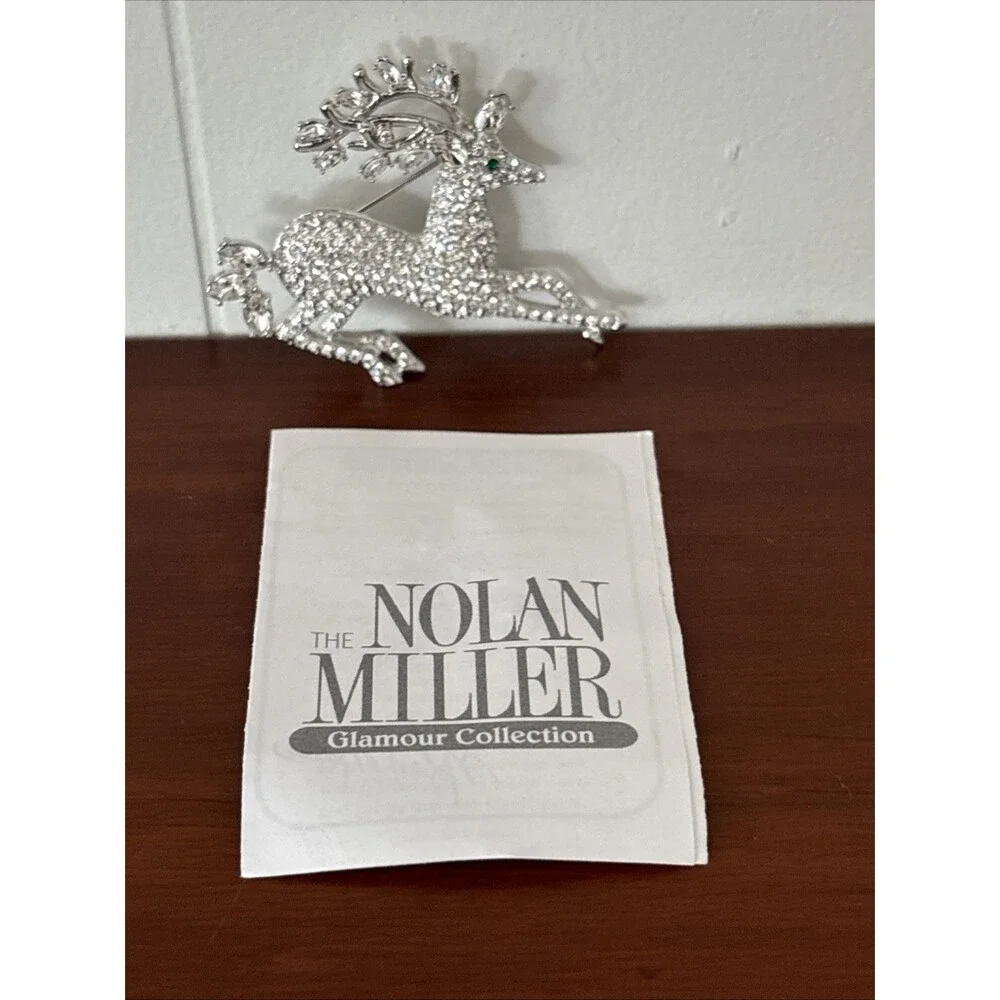 Vintage Nolan Miller Glamour Collection Crystal Pave Reindeer Pin Brooch Silver